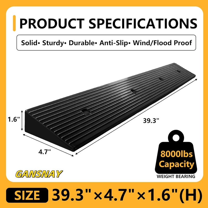 GANSNAY 1.6" Rise Rubber Ramp Threshold Ramps with Pre-Set Holes& Plugs, Longer Size 8000lbs Capacity, Non-Slip& Cuttable- for Doorways, Driveways, Warehouse, Patio, Shed- 1.6" Rise(39.3"×4.7") - Image 2